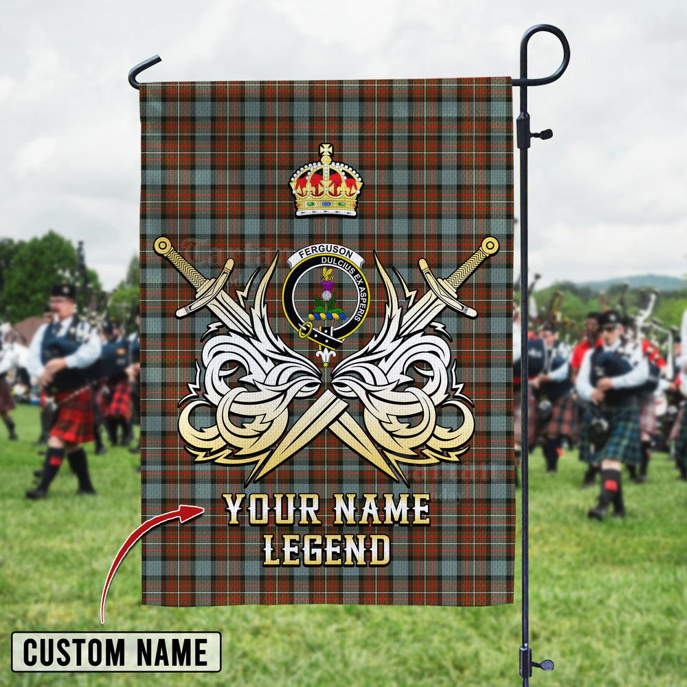 Personalized Custom Name Clan Fergusson Weathered Tartan Garden Flag with Clan Crest and the Golden Sword of Courageous Legacy TQ46 - Fergusson Weathered Tartan Design, Scottish Heritage Gift