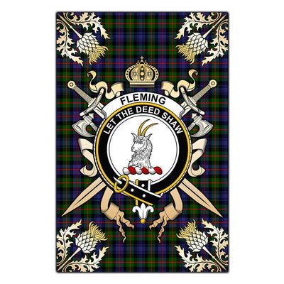 Clan Fleming Tartan Crest Black Garden Flag - Gold Thistle