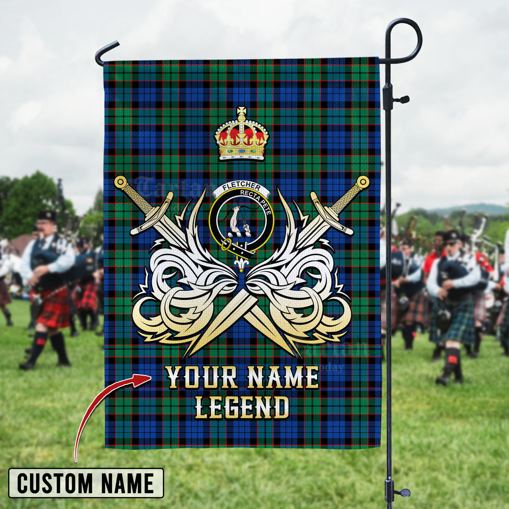 Personalized Custom Name Clan Fletcher Ancient Tartan Garden Flag with Clan Crest and the Golden Sword of Courageous Legacy HC50 - Fletcher Ancient Tartan Design, Scottish Heritage Gift