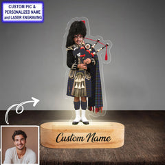 Custom Bagpipe Fletcher of Dunans Tartan LED Night Light - Personalized Scottish Bagpiper Figurine with Wooden Stand