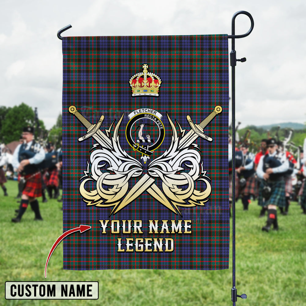 Personalized Custom Name Clan Fletcher of Dunans Tartan Garden Flag with Clan Crest and the Golden Sword of Courageous Legacy TD14 - Fletcher of Dunans Tartan Design, Scottish Heritage Gift