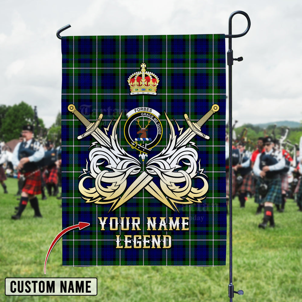 Personalized Custom Name Clan Forbes Modern Tartan Garden Flag with Clan Crest and the Golden Sword of Courageous Legacy CH64 - Forbes Modern Tartan Design, Scottish Heritage Gift