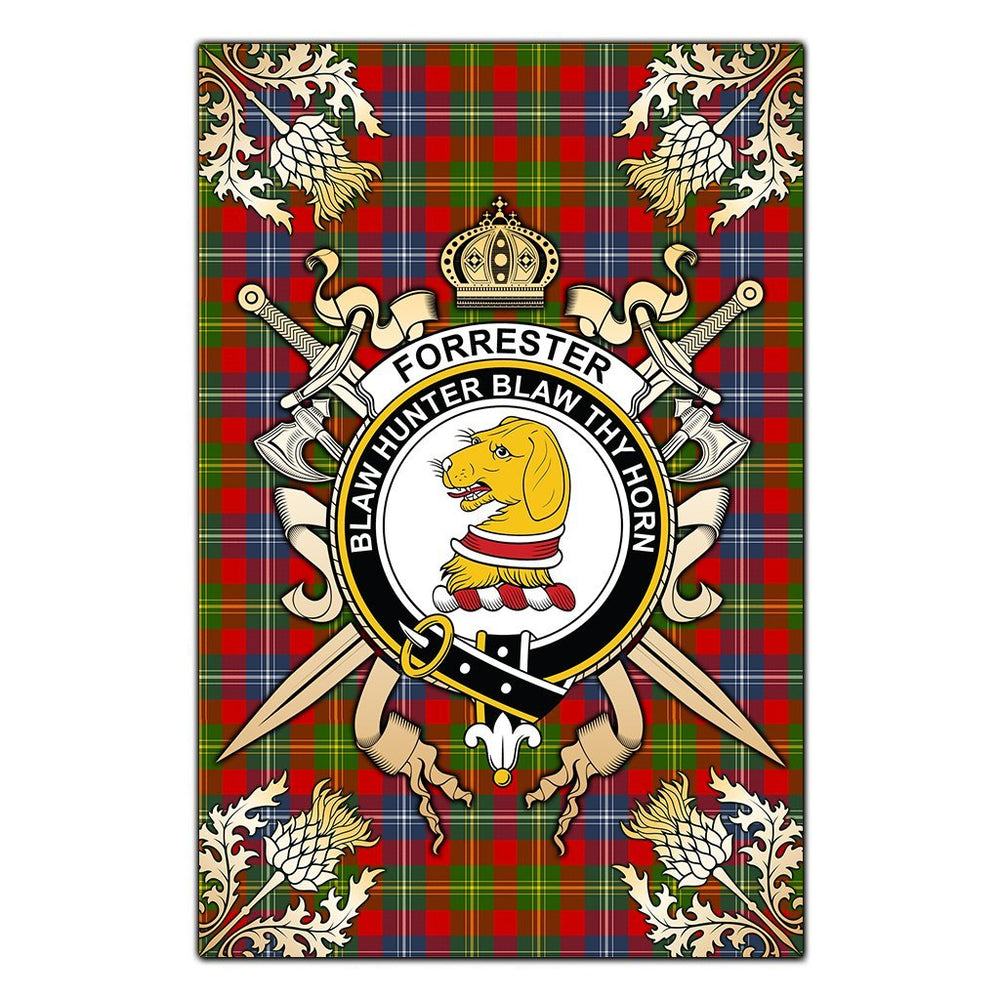 Clan Forrester Tartan Crest Black Garden Flag - Gold Thistle HR59 Clan Forrester Tartan Today