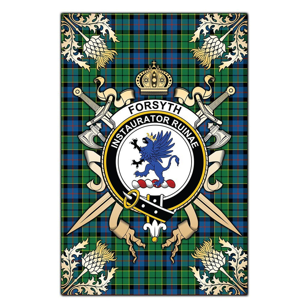 Clan Forsyth Ancient Tartan Crest Black Garden Flag - Gold Thistle RE79 Clan Forsyth Tartan Today