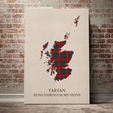 Fraser Ancient Tartan Scotland Map Canvas – “Tartan Runs Through My Veins” Wall Art