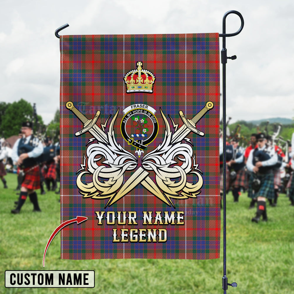Personalized Custom Name Clan Fraser Hunting Modern Tartan Garden Flag with Clan Crest and the Golden Sword of Courageous Legacy GD20 - Fraser Hunting Modern Tartan Design, Scottish Heritage Gift
