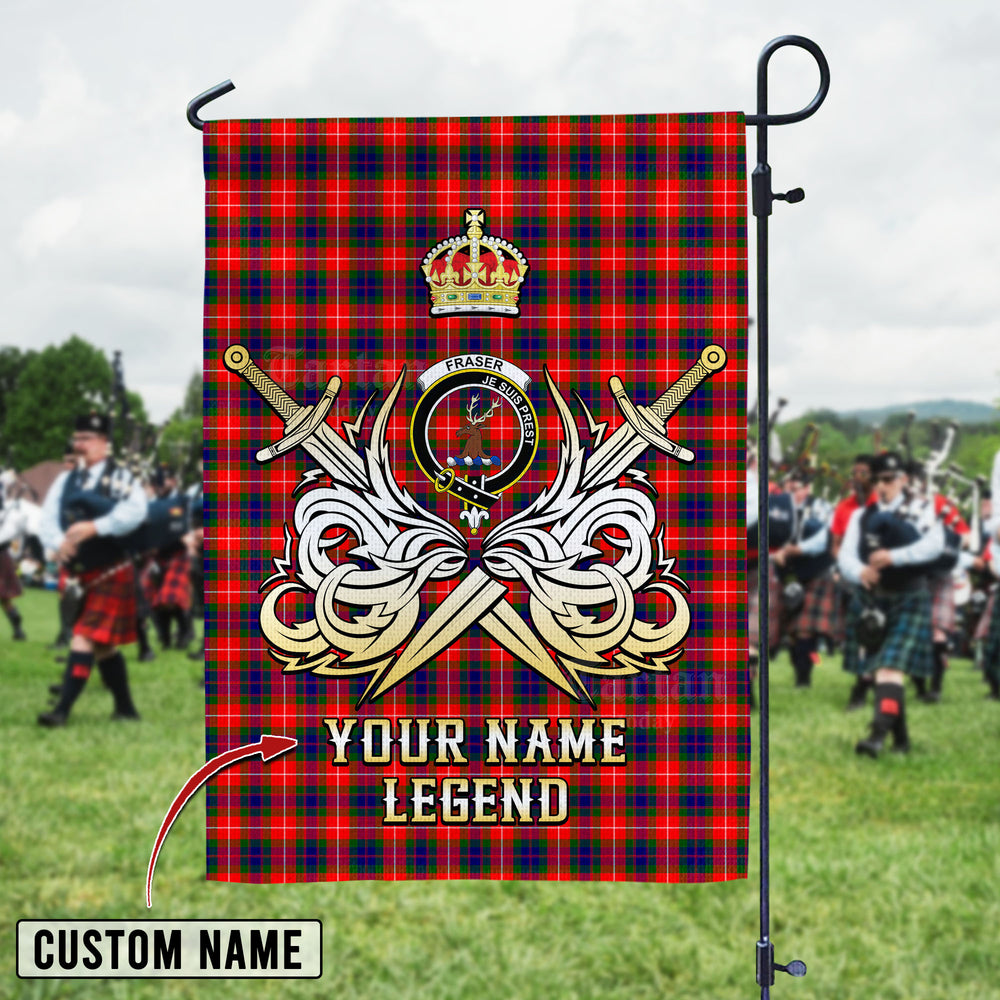 Personalized Custom Name Clan Fraser Lovat Modern Tartan Garden Flag with Clan Crest and the Golden Sword of Courageous Legacy GJ41 - Fraser Lovat Modern Tartan Design, Scottish Heritage Gift