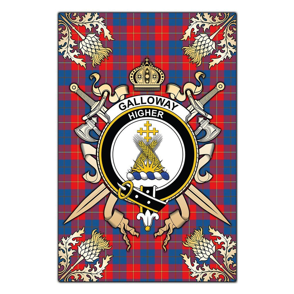 Clan Galloway Red Tartan Crest Black Garden Flag - Gold Thistle CG11 Clan Galloway Tartan Today