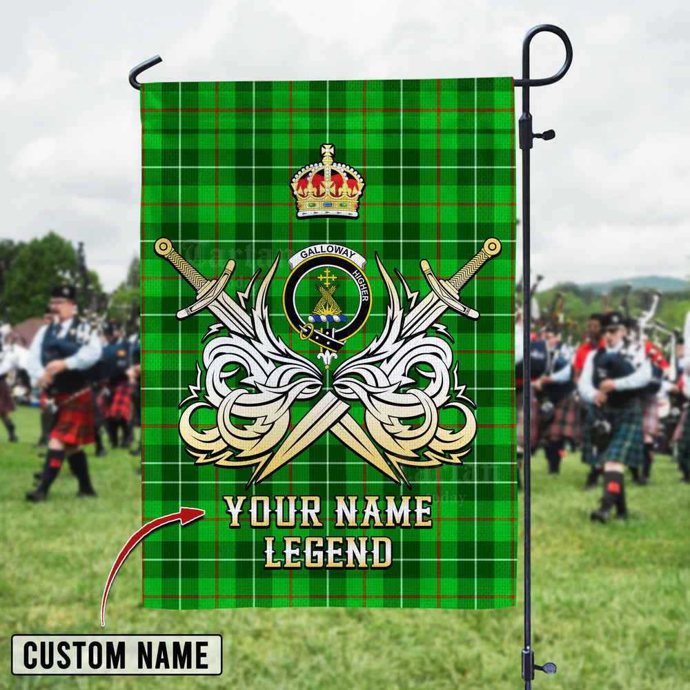 Personalized Custom Name Clan Galloway District Tartan Garden Flag with Clan Crest and the Golden Sword of Courageous Legacy UE80 - Galloway District Tartan Design, Scottish Heritage Gift