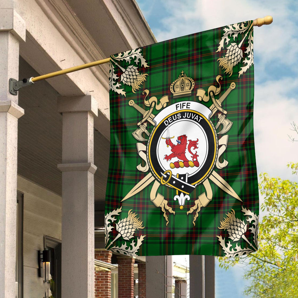 Clan Fife District Tartan Crest Black Garden Flag - Gold Thistle EP86 Clan Garden Tartan Today