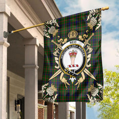 Clan Reid Green Tartan Crest Black Garden Flag - Gold Thistle UF28 Clan Garden Tartan Today