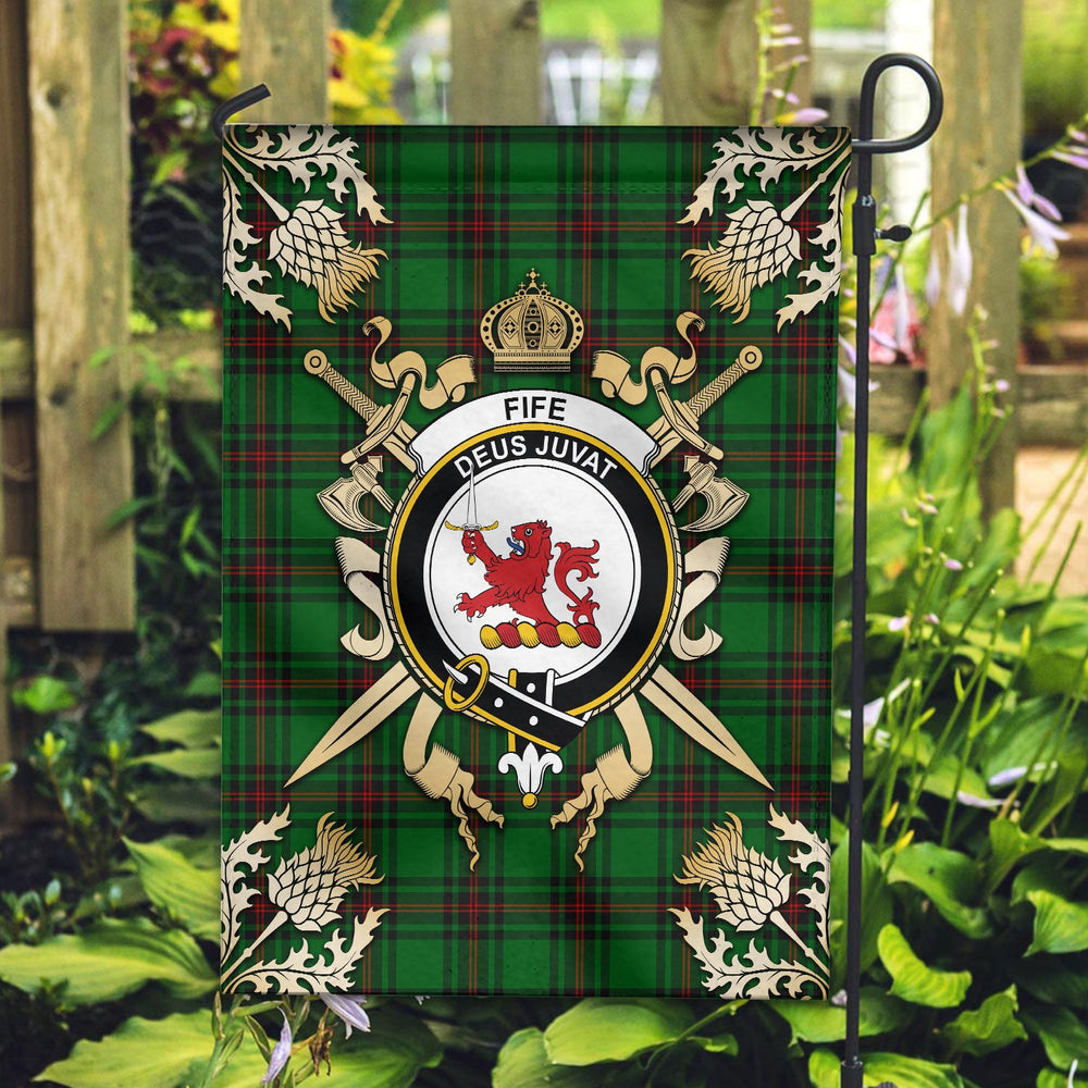 Clan Fife District Tartan Crest Black Garden Flag - Gold Thistle EP86 Clan Garden Tartan Today