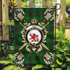 Clan Fife District Tartan Crest Black Garden Flag - Gold Thistle EP86 Clan Garden Tartan Today