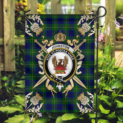 Clan Johnston of Caskieben Modern Tartan Crest Black Garden Flag - Gold Thistle KB44 Clan Johnston Tartan Today
