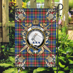 Clan MacBeth Modern Tartan Crest Black Garden Flag - Gold Thistle DF58 Clan MacBeth Tartan Today