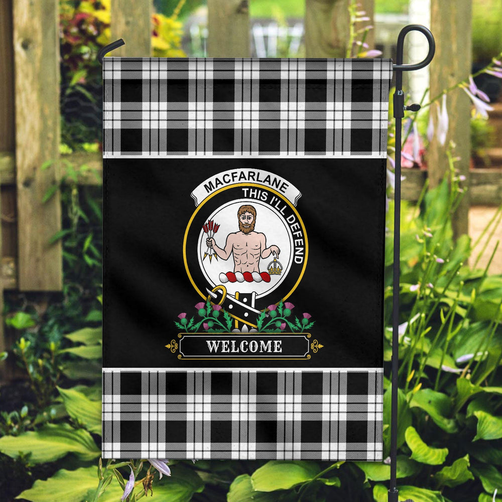 Clan MacFarlane Black _ White Tartan Crest Garden Flag - Welcome BB11 Clan MacFarlane Tartan Today
