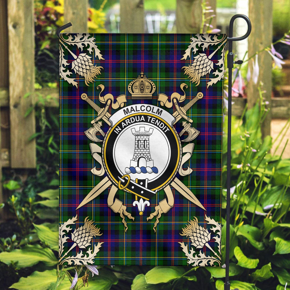 Clan Malcolm Tartan Crest Black Garden Flag - Gold Thistle WZ22 Clan Malcolm Tartan Today