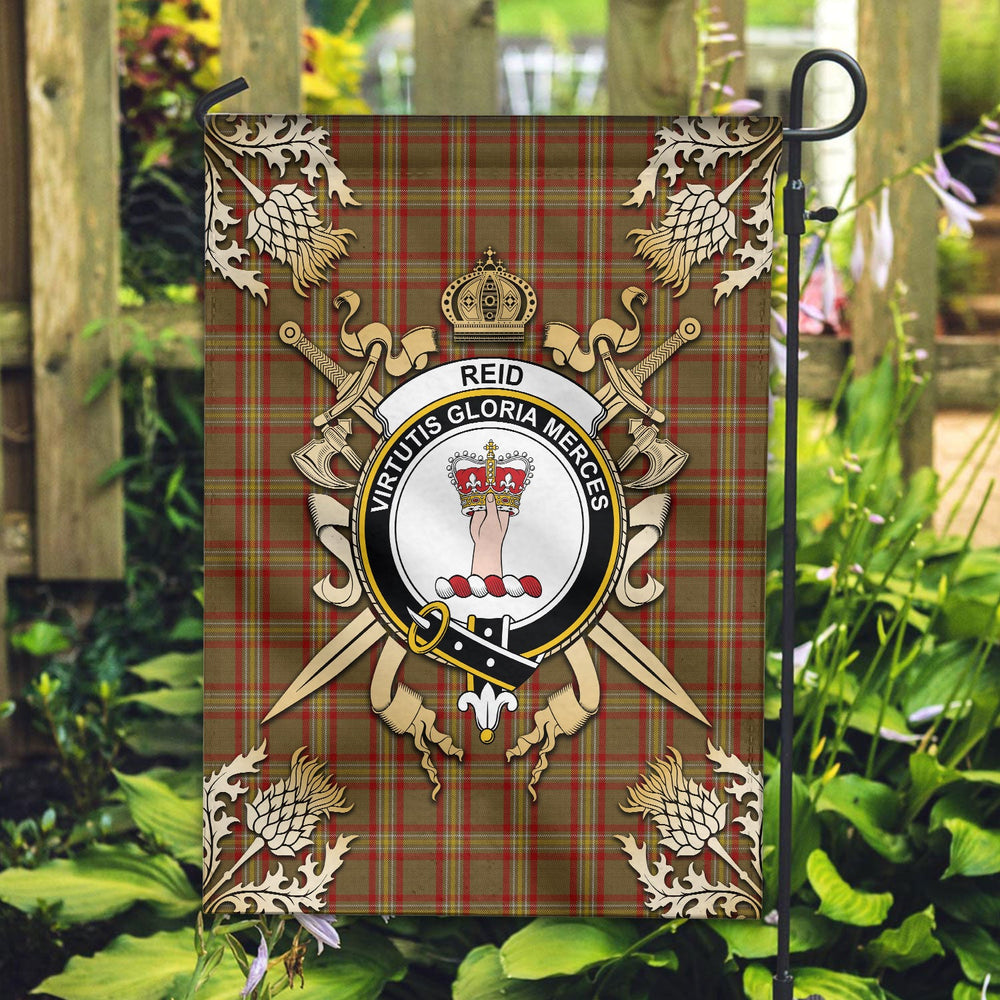Clan Reid Tartan Crest Black Garden Flag - Gold Thistle DM57 Clan Garden Tartan Today