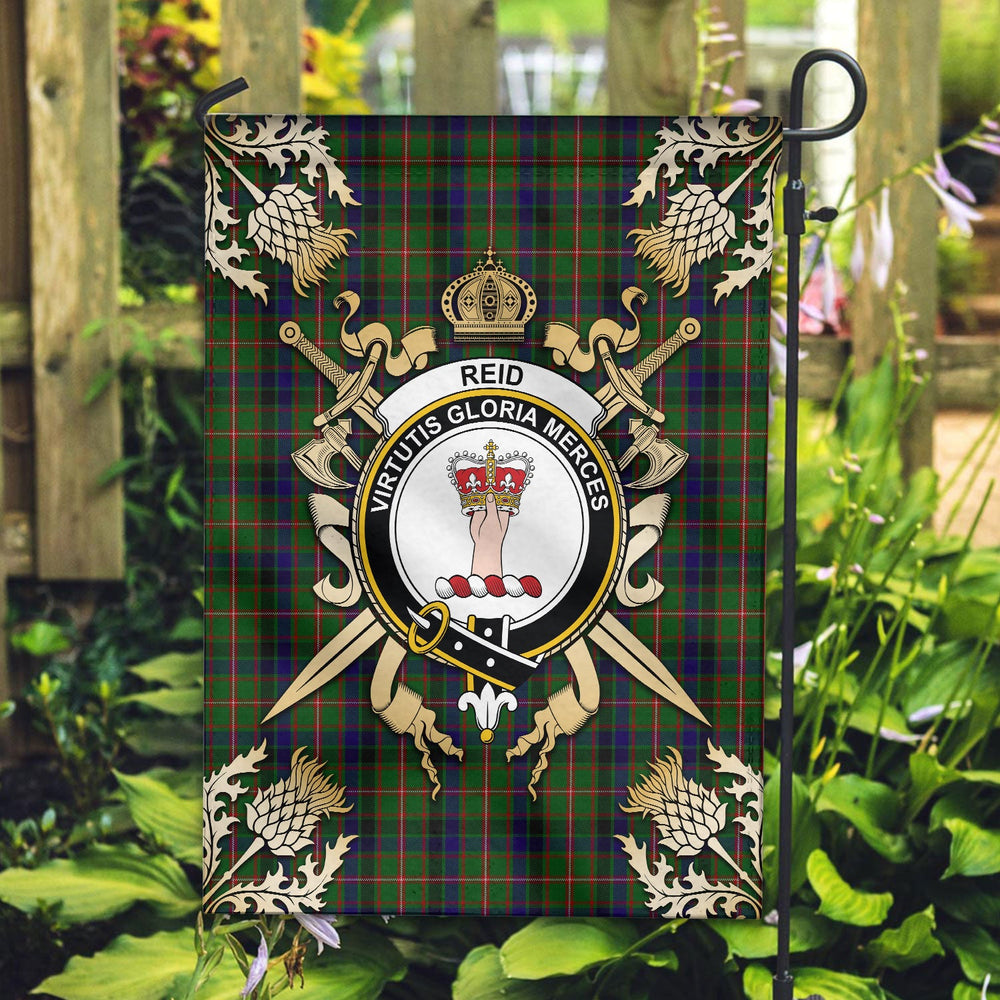 Clan Reid Green Tartan Crest Black Garden Flag - Gold Thistle UF28 Clan Garden Tartan Today