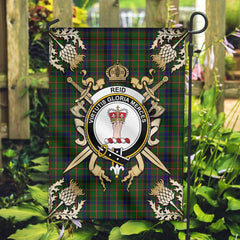 Clan Reid Green Tartan Crest Black Garden Flag - Gold Thistle UF28 Clan Garden Tartan Today