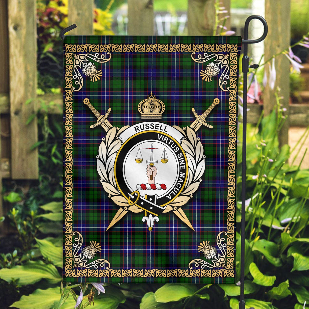 Clan Russell Modern Tartan Crest Garden Flag - Celtic Thistle ZO43 Clan Russell Tartan Today