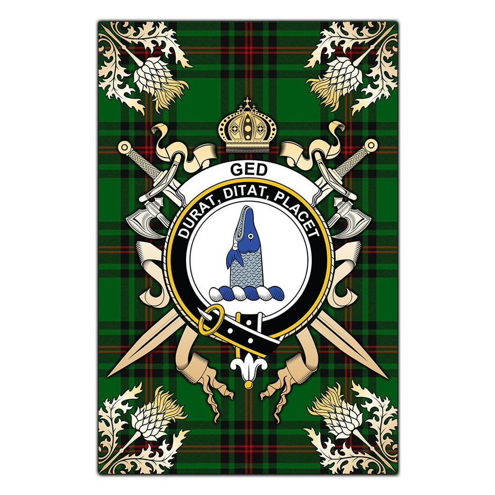 Clan Ged Tartan Crest Black Garden Flag - Gold Thistle BN99 Clan Ged Tartan Today