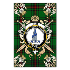 Clan Ged Tartan Crest Black Garden Flag - Gold Thistle BN99 Clan Ged Tartan Today