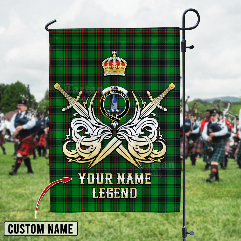 Personalized Custom Name Clan Ged Tartan Garden Flag with Clan Crest and the Golden Sword of Courageous Legacy SU12 - Ged Tartan Design, Scottish Heritage Gift