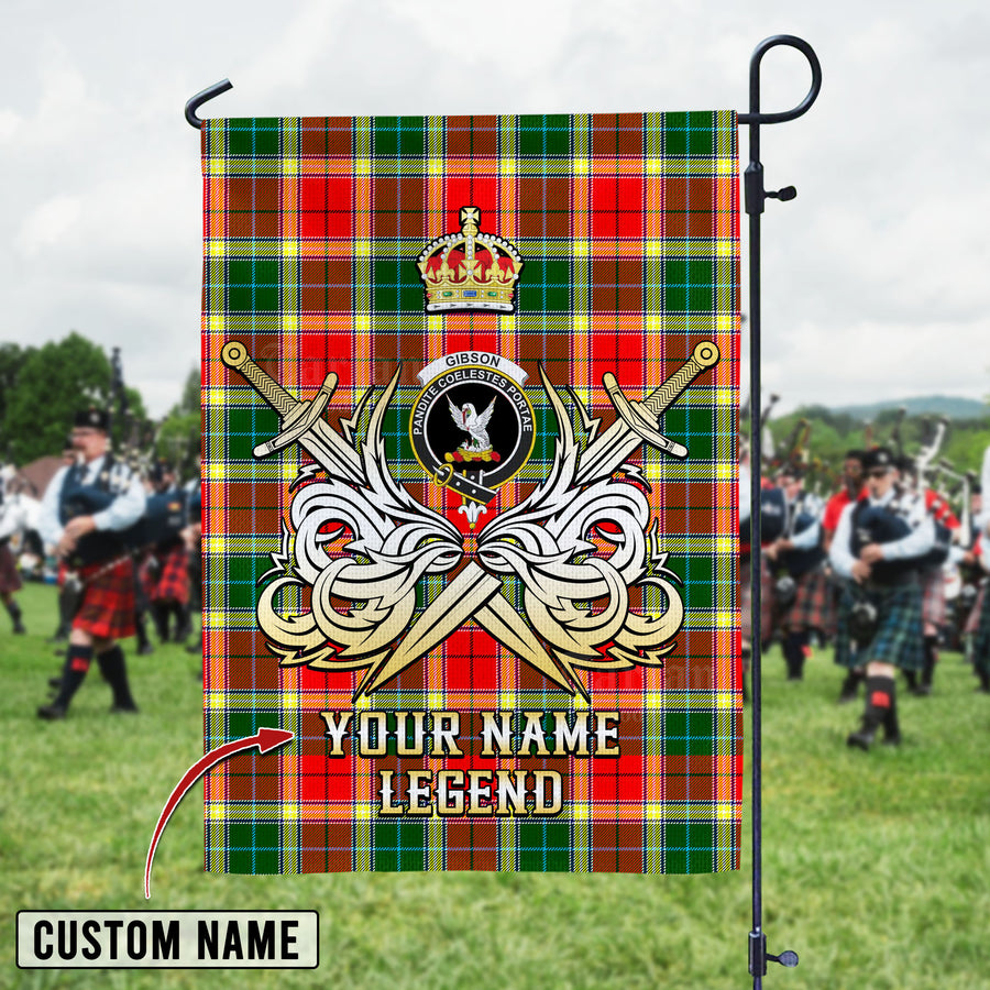 Personalized Custom Name Clan Gibbs Tartan Garden Flag with Clan Crest and the Golden Sword of Courageous Legacy IU57 - Gibbs Tartan Design, Scottish Heritage Gift