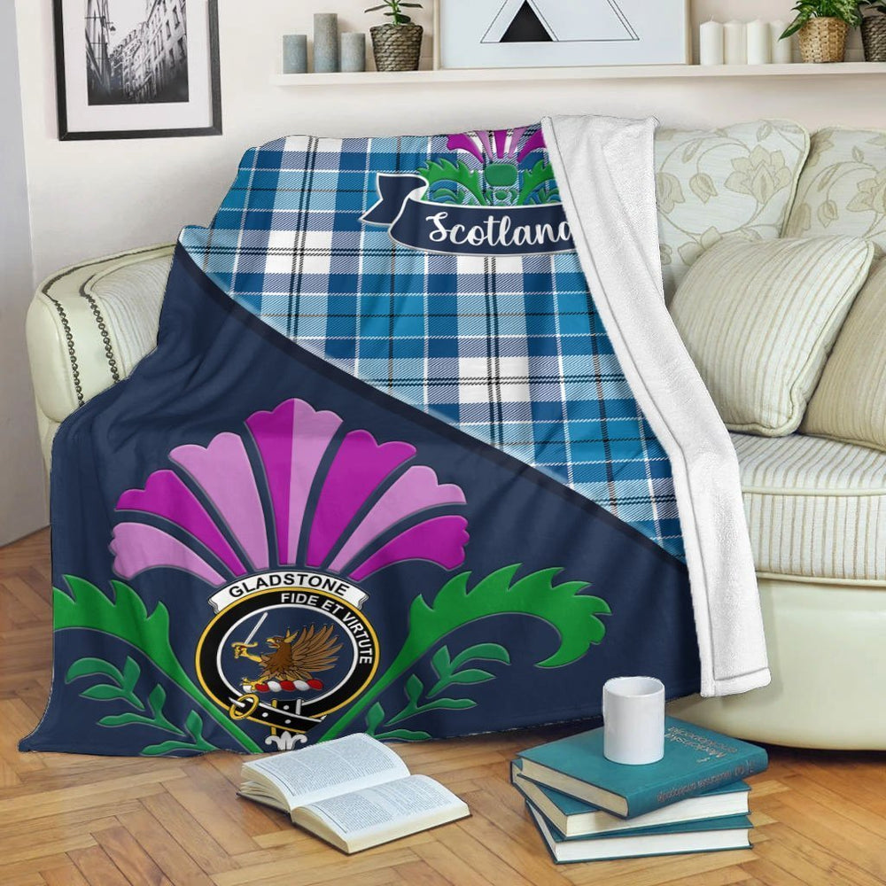 Clan Gladstone Tartan Crest Premium Blanket Thistle Style JN21 Clan Hall Tartan Today
