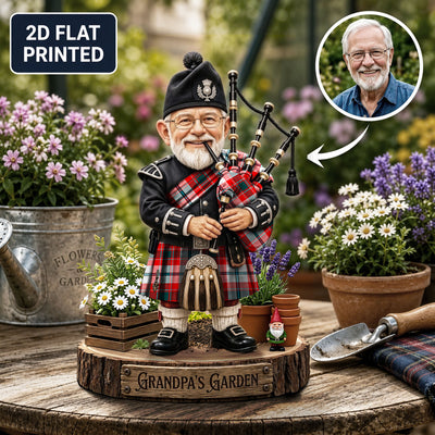 Personalized Glasgow District Clan Bagpipe Garden Gnome Caricature Plaque Custom Photo, Any Clan Tartan, Wood or Acrylic, Grandpa & Dad Gift, Scottish Highland Garden Decor VG16