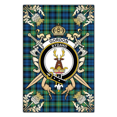 Clan Gordon Ancient Tartan Crest Black Garden Flag - Gold Thistle