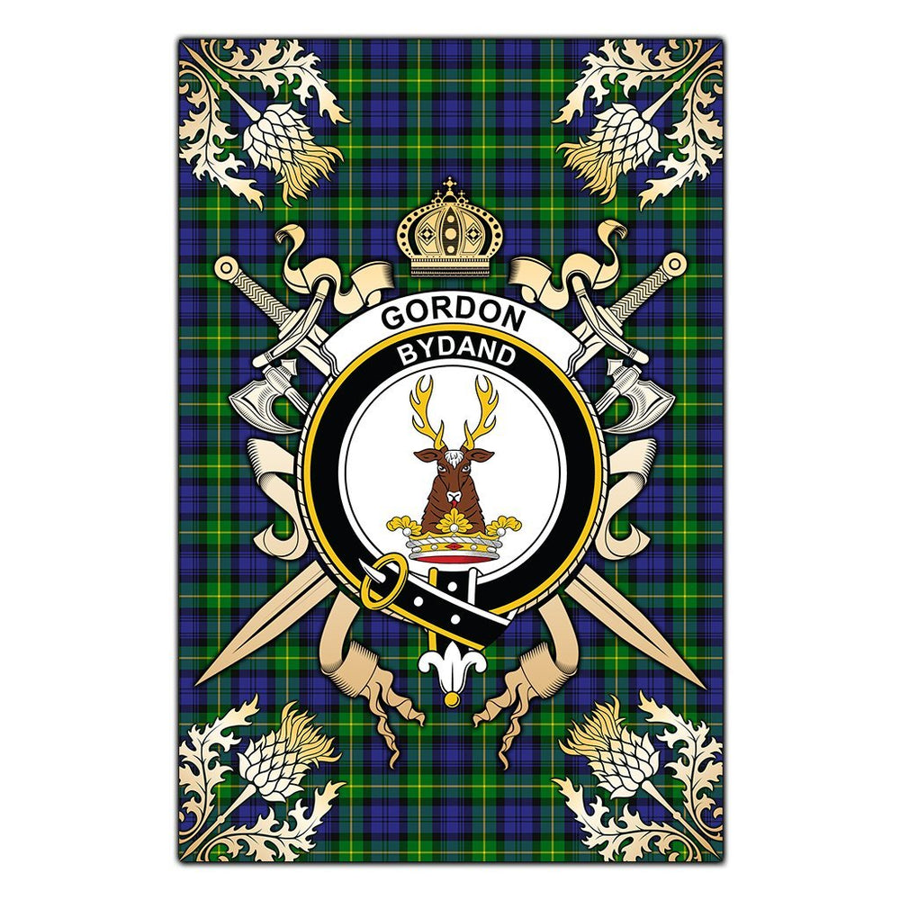 Clan Gordon Modern Tartan Crest Black Garden Flag - Gold Thistle AJ62 Clan Gordon Tartan Today