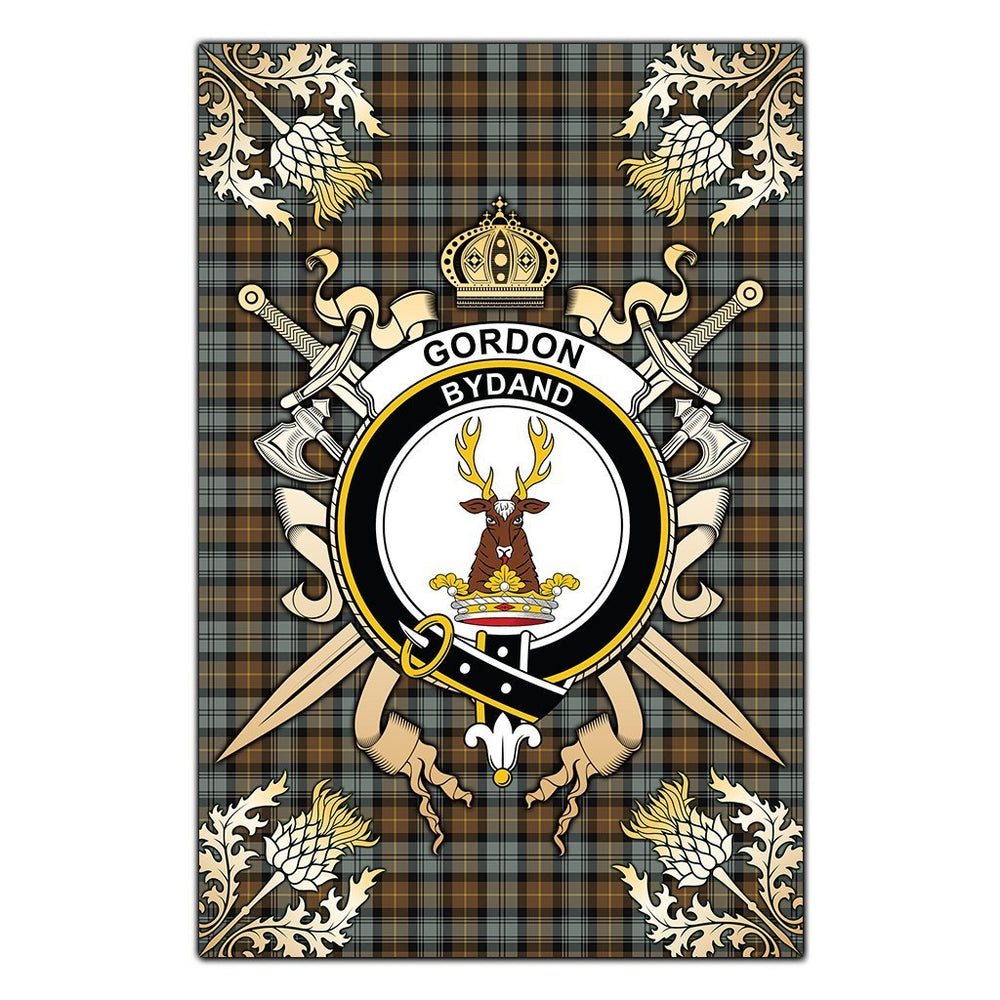 Clan Gordon Weathered Tartan Crest Black Garden Flag - Gold Thistle LH66 Clan Gordon Tartan Today