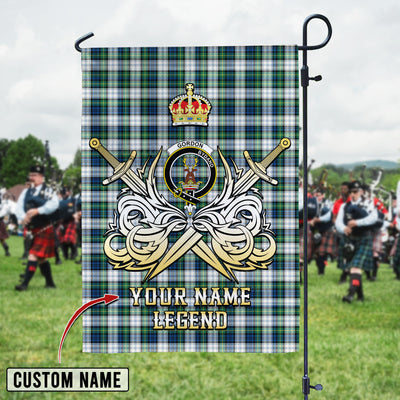 Custom Name Clan Gordon Dress Ancient Tartan Garden Flag with Clan Crest and the Golden Sword of Courageous Legacy