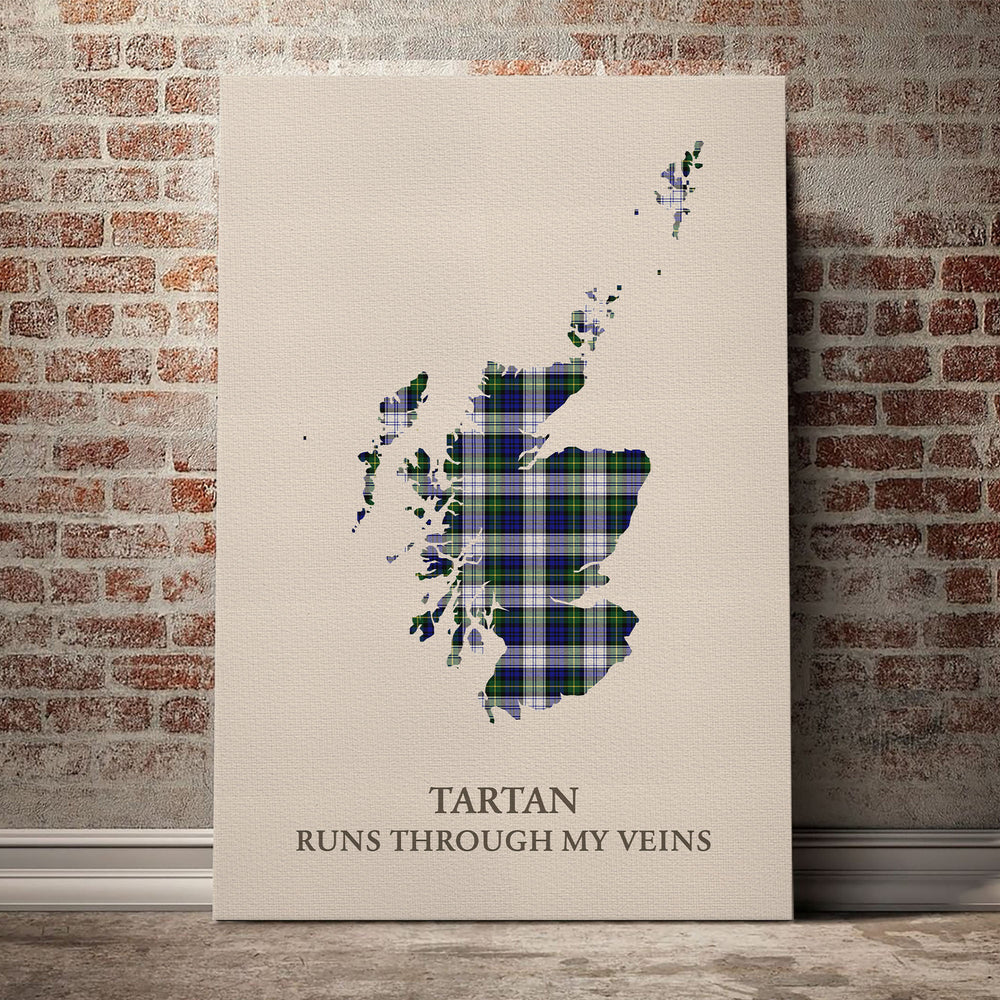 Gordon Dress Modern Tartan Scotland Map Canvas – “Tartan Runs Through My Veins” Wall Art
