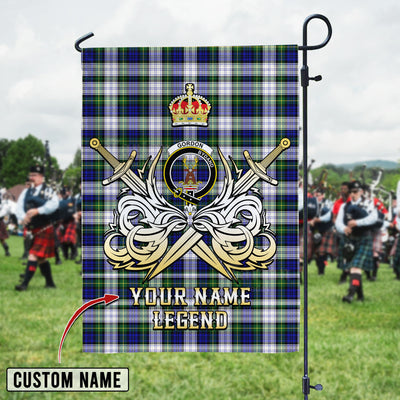 Custom Name Clan Gordon Dress Modern Tartan Garden Flag with Clan Crest and the Golden Sword of Courageous Legacy