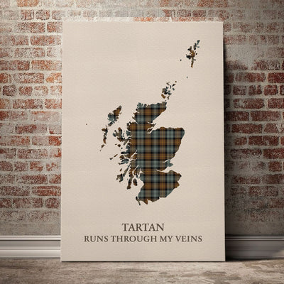 Clan Gordon Weathered Tartan Scotland Map Canvas “Tartan Runs Through My Veins” Wall Art RC89