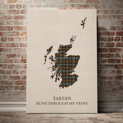 Gordon Weathered Tartan Scotland Map Canvas – “Tartan Runs Through My Veins” Wall Art