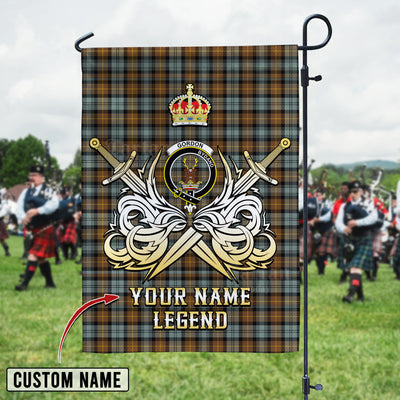 Custom Name Clan Gordon Weathered Tartan Garden Flag with Clan Crest and the Golden Sword of Courageous Legacy WB34