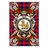 Clan Gow of McGouan Tartan Crest Black Garden Flag  - Gold Thistle  IN80 Clan Gow Tartan Today