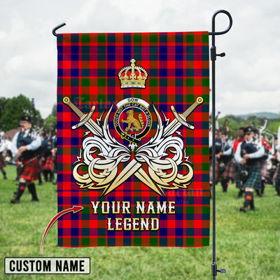 Custom Name Clan Gow Modern Tartan Garden Flag with Clan Crest and the Golden Sword of Courageous Legacy