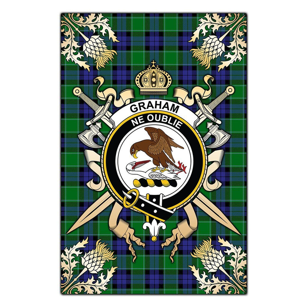 Clan Graham of Menteith Modern Tartan Crest Black Garden Flag - Gold Thistle AT90 Clan Graham Tartan Today