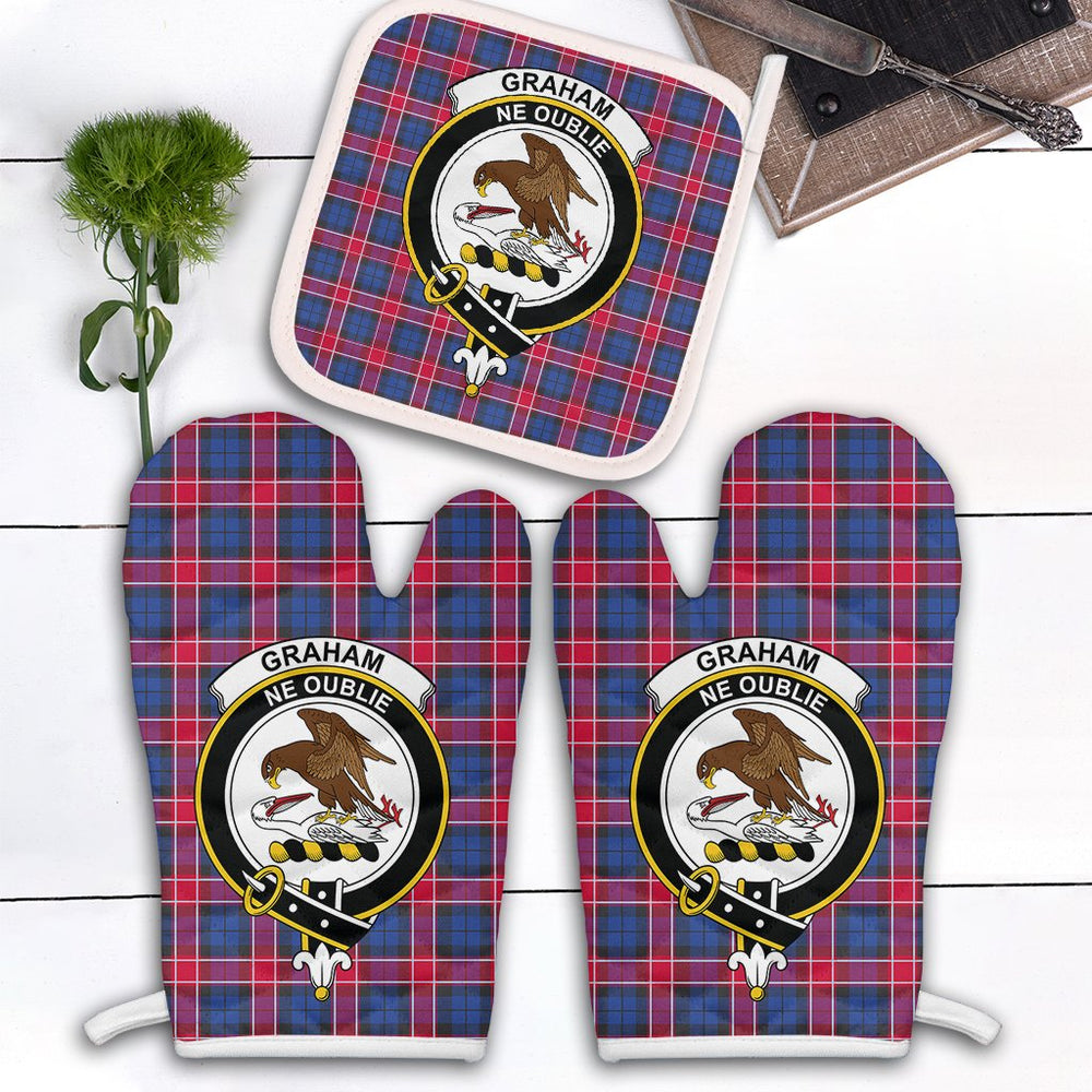 Clan Graham Of Menteith Red Tartan Crest Oven Mitt And Pot Holder (2 Oven Mitts + 1 Pot Holder) EB44 Clan Graham Tartan Today