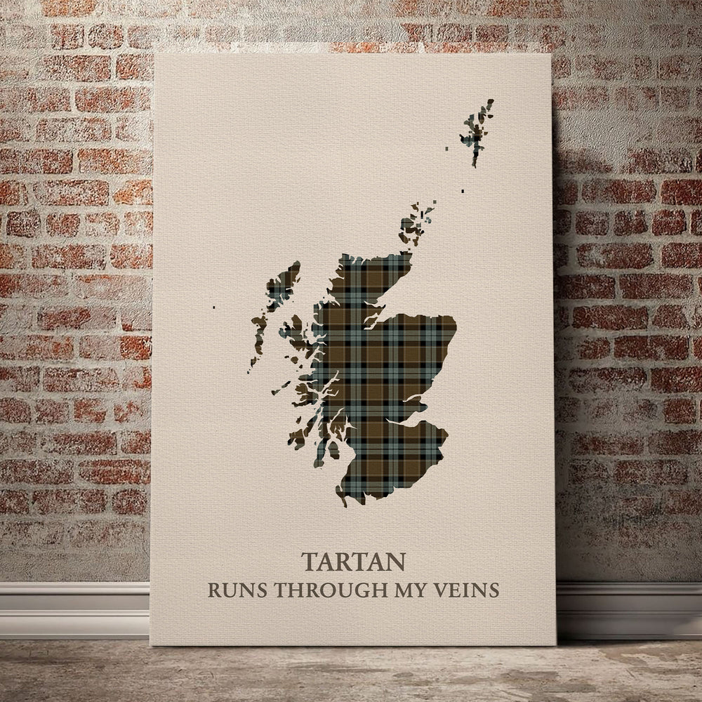 Graham of Menteith Weathered Tartan Scotland Map Canvas – “Tartan Runs Through My Veins” Wall Art