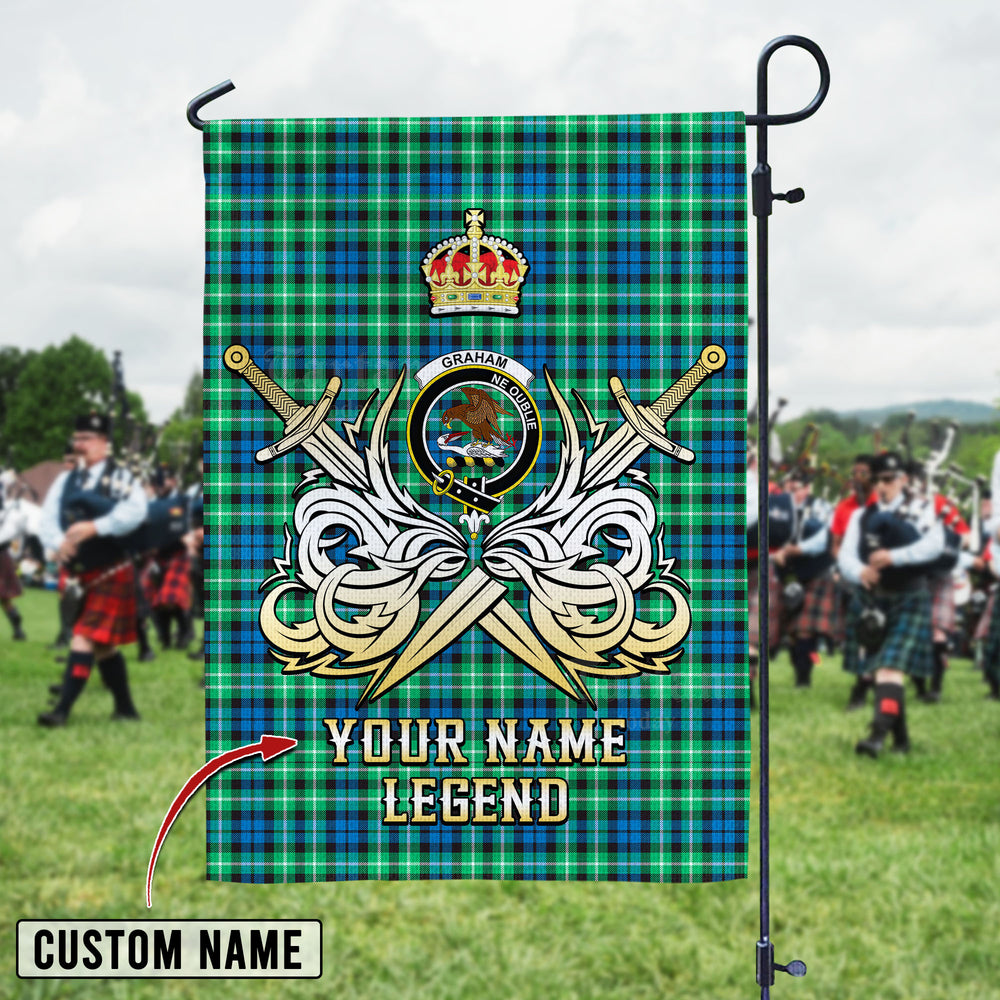 Personalized Custom Name Clan Graham of Montrose Ancient Tartan Garden Flag with Clan Crest and the Golden Sword of Courageous Legacy PN90 - Graham of Montrose Ancient Tartan Design, Scottish Heritage Gift