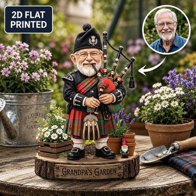 Personalized Grant Ancient Clan Bagpipe Garden Gnome Caricature Plaque Custom Photo, Any Clan Tartan, Wood or Acrylic, Grandpa & Dad Gift, Scottish Highland Garden Decor