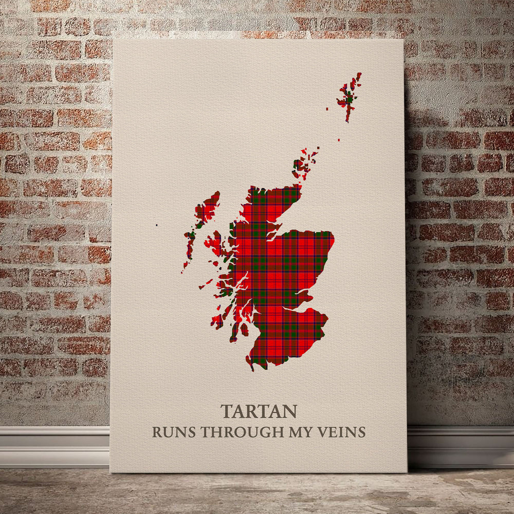 Grant Modern Tartan Scotland Map Canvas – “Tartan Runs Through My Veins” Wall Art
