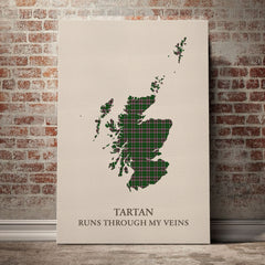 Gray Hunting Tartan Scotland Map Canvas – “Tartan Runs Through My Veins” Wall Art