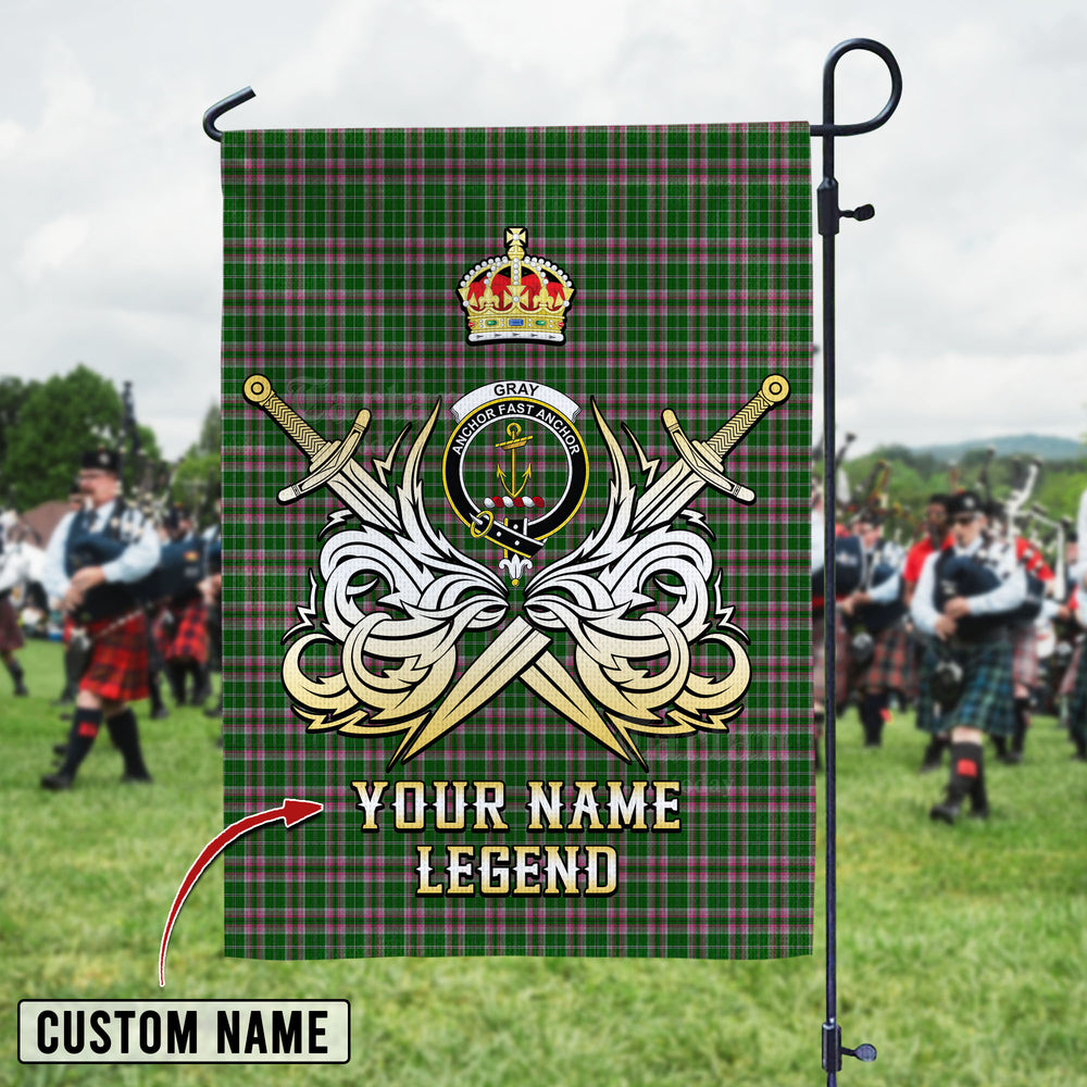 Personalized Custom Name Clan Gray Hunting Tartan Garden Flag with Clan Crest and the Golden Sword of Courageous Legacy XT81 - Gray Hunting Tartan Design, Scottish Heritage Gift